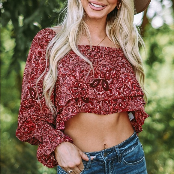 Square Neck Floral Bandana Crop Blouse Bohemian Top - Picture 8 of 15